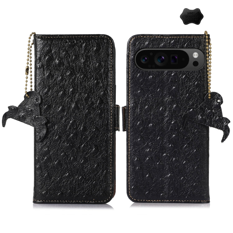 For Google Pixel 9 Pro Ostrich Pattern Genuine Leather RFID Phone Case(Black) - Google Cases by buy2fix | Online Shopping UK | buy2fix