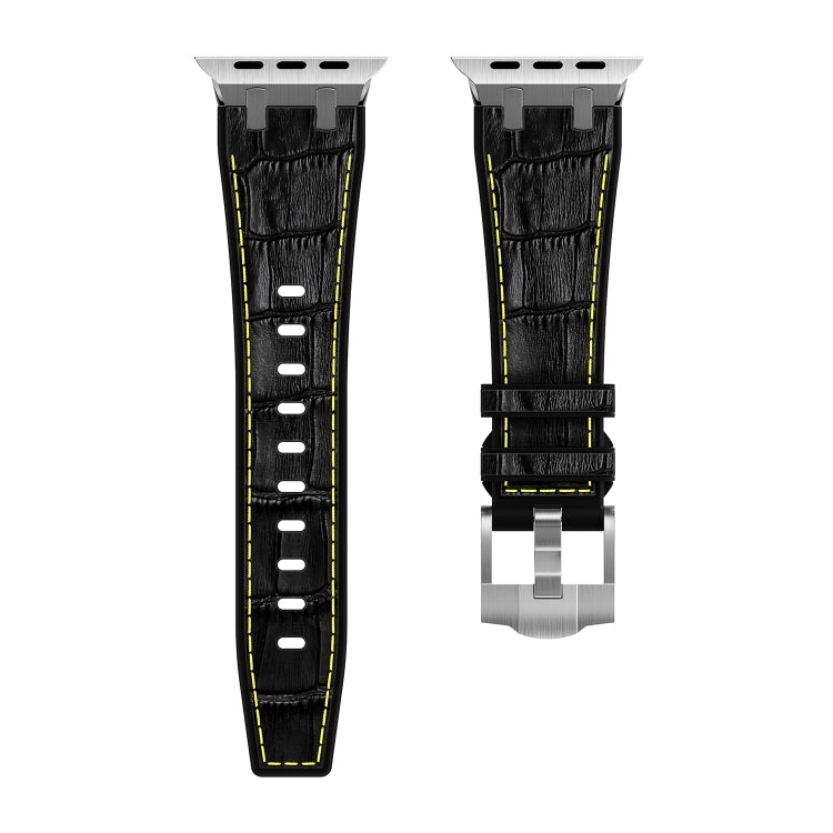 For Apple Watch Series 3 42mm Crocodile Texture Liquid Silicone Watch Band(Silver Yellow Black) - Watch Bands by buy2fix | Online Shopping UK | buy2fix