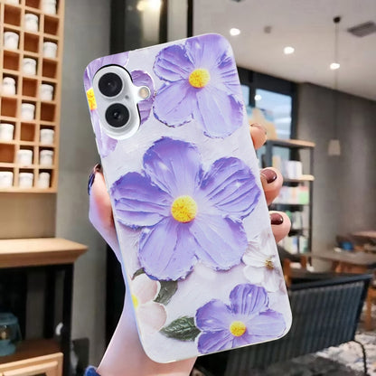 For iPhone 16 Plus Colorful Painting Pattern TPU Phone Case(Purple Flowers) - iPhone 16 Plus Cases by buy2fix | Online Shopping UK | buy2fix