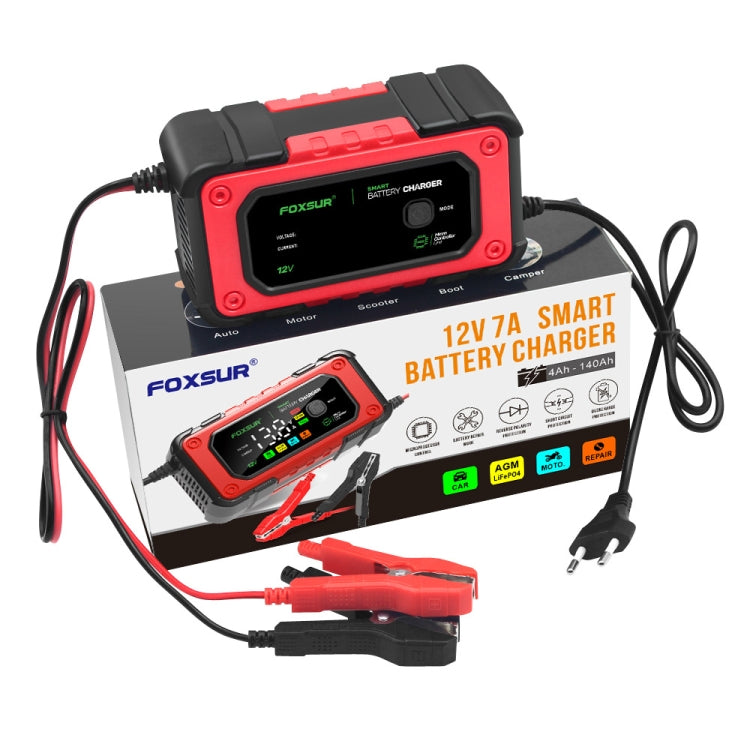 FOXSUR 7A 12V Car / Motorcycle Smart Battery Charger, Plug Type:EU Plug(Red) - Battery Charger by FOXSUR | Online Shopping UK | buy2fix