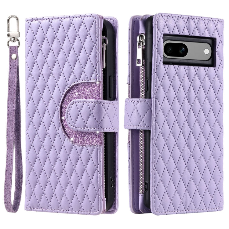 For Google Pixel 7a Glitter Lattice Zipper Wallet Leather Phone Case(Purple) - Google Cases by buy2fix | Online Shopping UK | buy2fix