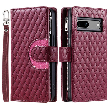 For Google Pixel 7a Glitter Lattice Zipper Wallet Leather Phone Case(Wine Red) - Google Cases by buy2fix | Online Shopping UK | buy2fix