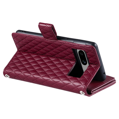 For Google Pixel 7a Glitter Lattice Zipper Wallet Leather Phone Case(Wine Red) - Google Cases by buy2fix | Online Shopping UK | buy2fix