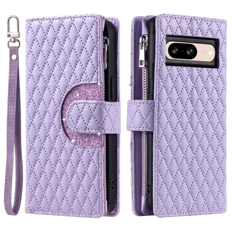 For Google Pixel 8 Glitter Lattice Zipper Wallet Leather Phone Case(Purple) - Google Cases by buy2fix | Online Shopping UK | buy2fix