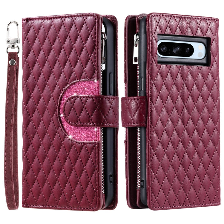 For Google Pixel 8 Pro Glitter Lattice Zipper Wallet Leather Phone Case(Wine Red) - Google Cases by buy2fix | Online Shopping UK | buy2fix