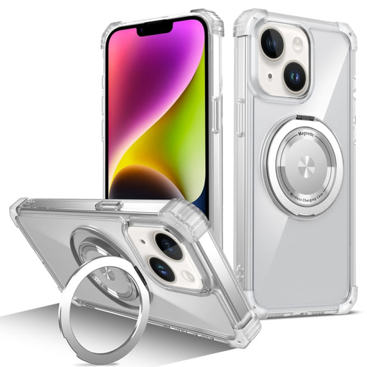 For iPhone 14 Gold Shield CD Pattern MagSafe Magnetic Phone Case with Rotating Stand(Transparent) - iPhone 14 Cases by buy2fix | Online Shopping UK | buy2fix