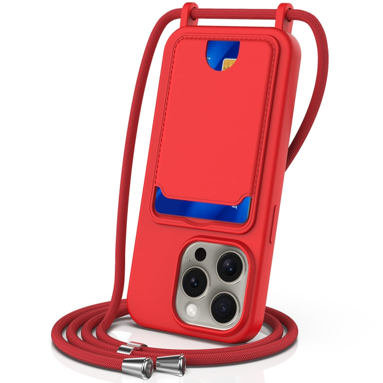 For iPhone 16 Pro Integrated Card Bag Solid Color Liquid Silicone Phone Case with Lanyard(Red) - iPhone 16 Pro Cases by buy2fix | Online Shopping UK | buy2fix