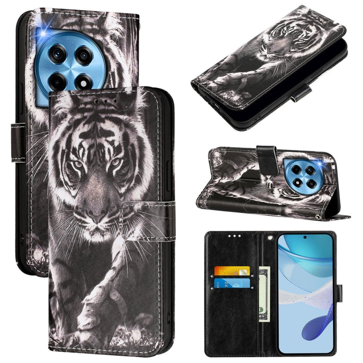 For OnePlus 12 5G Global Colored Drawing Pattern Plain Weave Leather Phone Case(Black And White Tiger) - OnePlus Cases by buy2fix | Online Shopping UK | buy2fix