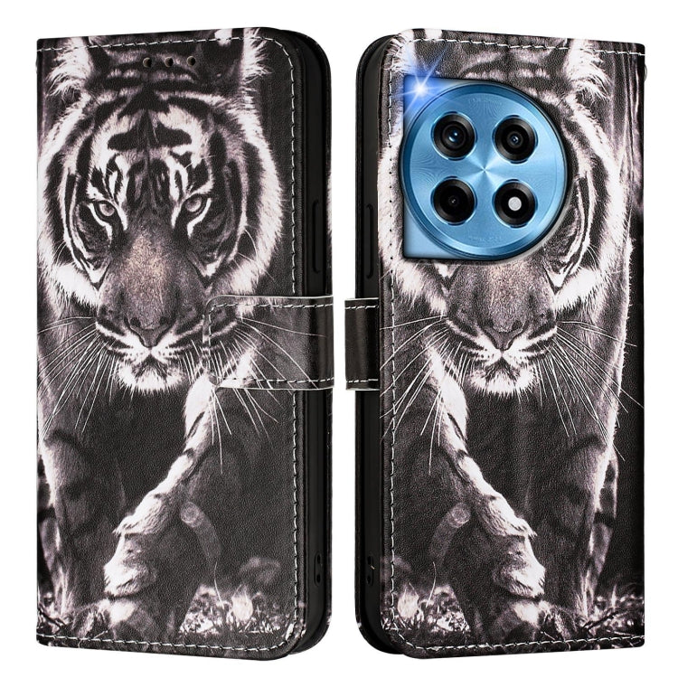 For OnePlus 12 5G Global Colored Drawing Pattern Plain Weave Leather Phone Case(Black And White Tiger) - OnePlus Cases by buy2fix | Online Shopping UK | buy2fix