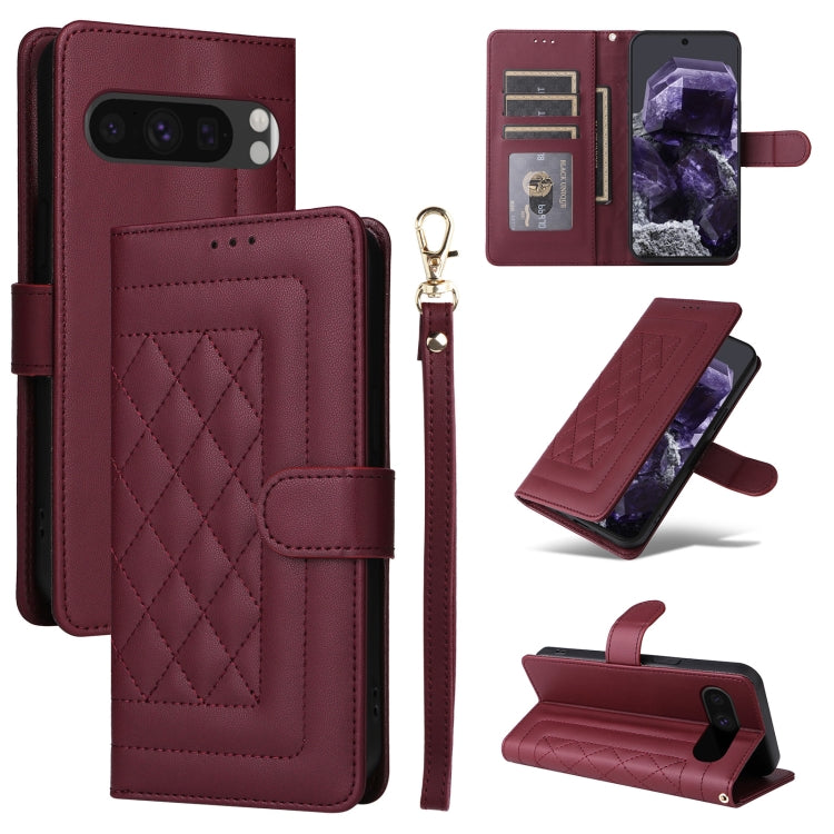 For Google Pixel 9 Diamond Lattice Leather Flip Phone Case(Wine Red) - Google Cases by buy2fix | Online Shopping UK | buy2fix