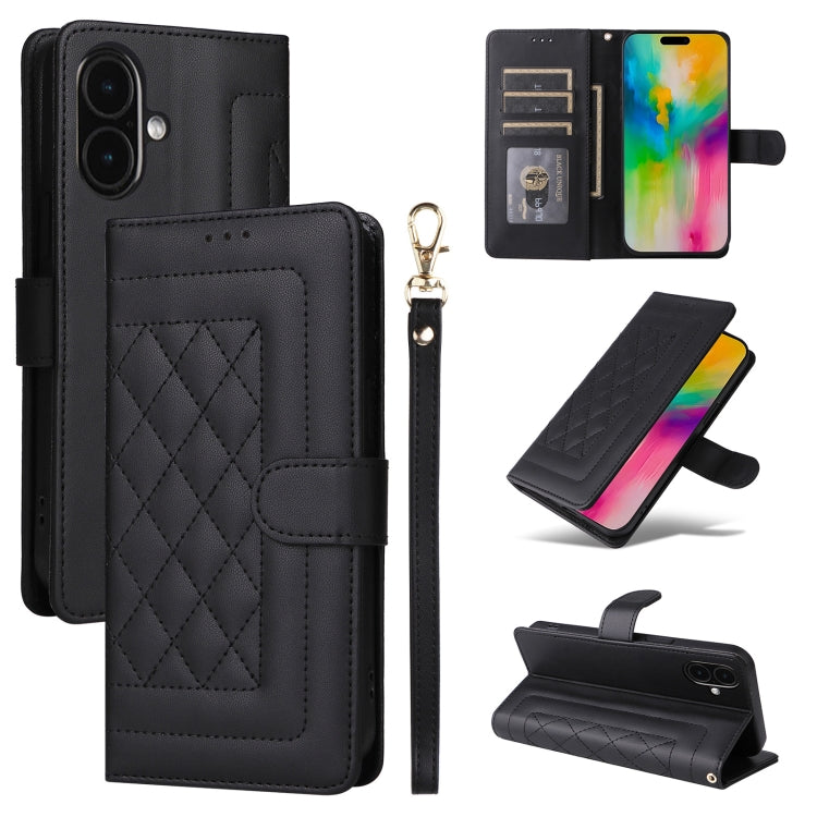 For iPhone 16 Diamond Lattice Leather Flip Phone Case(Black) - iPhone 16 Cases by buy2fix | Online Shopping UK | buy2fix