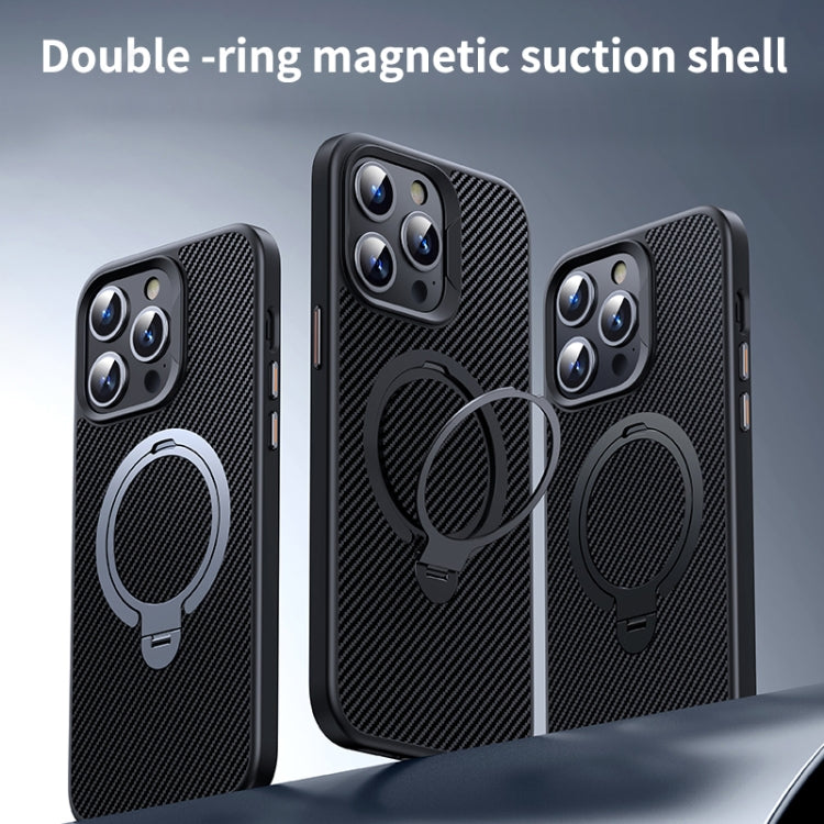 For iPhone 15 Double Ring MagSafe Holder Carbon Fiber Phone Case(Silver) - iPhone 15 Cases by buy2fix | Online Shopping UK | buy2fix