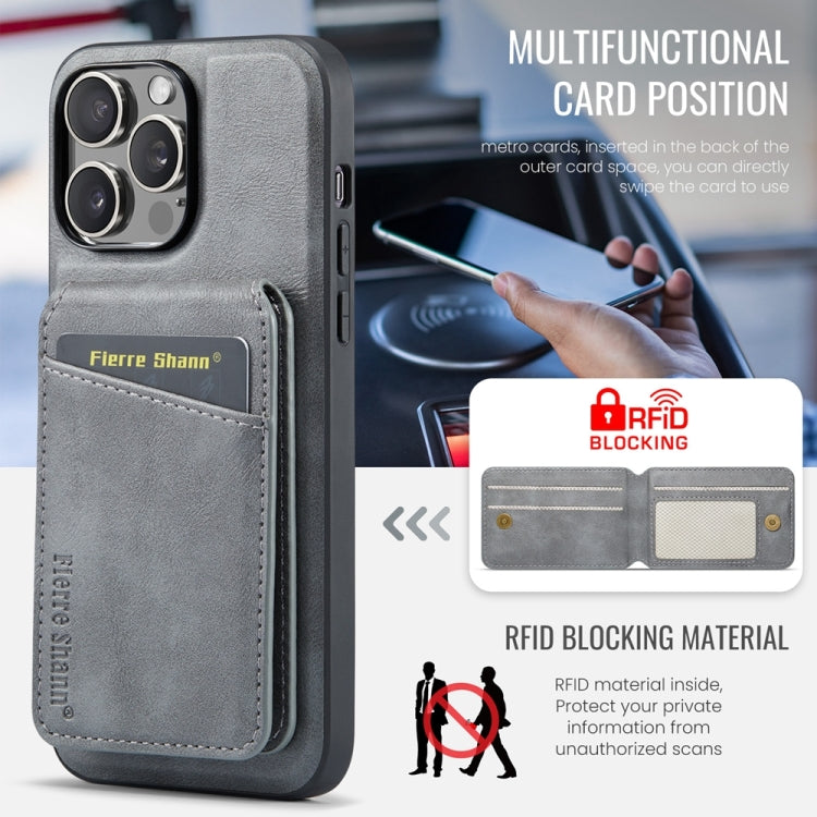 For iPhone 15 Pro Max Fierre Shann Oil Wax Cow Leather Magnetic Card Holder Phone Case(Grey) - iPhone 15 Pro Max Cases by FIERRE SHANN | Online Shopping UK | buy2fix