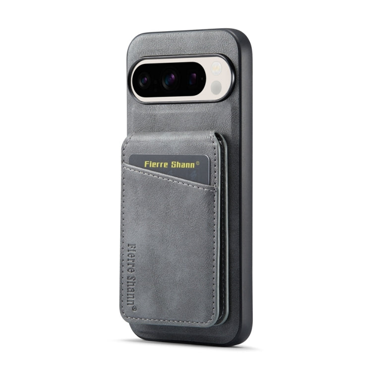 For Google Pixel 9 Pro Fierre Shann Oil Wax Cow Leather Magnetic Card Holder Phone Case(Grey) - Google Cases by FIERRE SHANN | Online Shopping UK | buy2fix