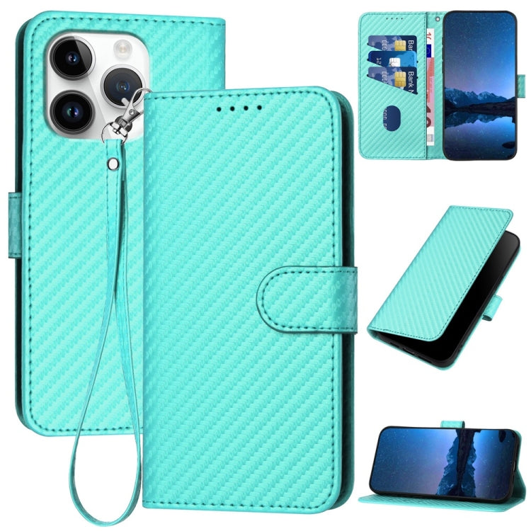 For iPhone 16 Pro YX0070 Carbon Fiber Buckle Leather Phone Case with Lanyard(Light Blue) - iPhone 16 Pro Cases by buy2fix | Online Shopping UK | buy2fix