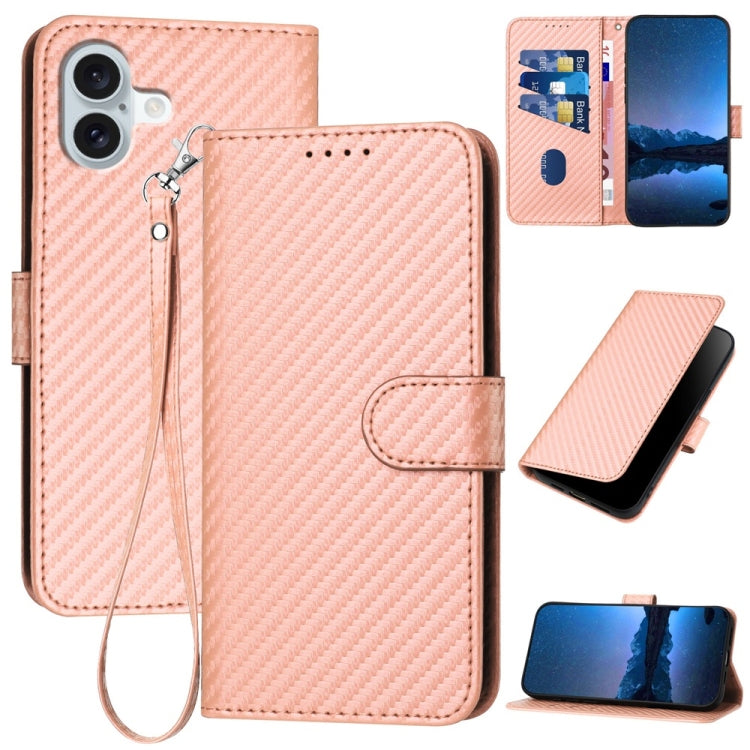 For iPhone 16 Plus YX0070 Carbon Fiber Buckle Leather Phone Case with Lanyard(Pink) - iPhone 16 Plus Cases by buy2fix | Online Shopping UK | buy2fix