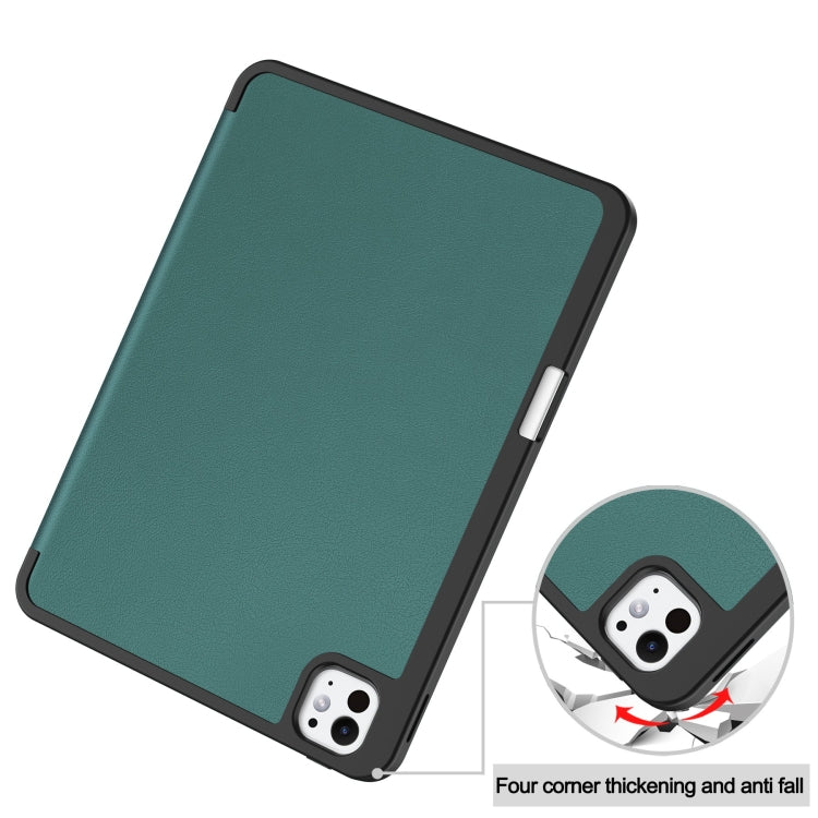 For iPad Pro 11 2024 Custer TPU Pure Color 3-Fold Holder Smart Leather Tablet Case with Pen Tray(Dark Green) - iPad Pro 11 2024 Cases by buy2fix | Online Shopping UK | buy2fix