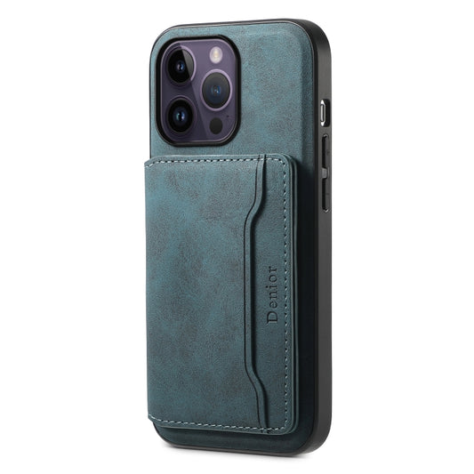 For iPhone 14 Pro Max Denior D13 Retro Texture Leather MagSafe Card Bag Phone Case(Blue) - iPhone 14 Pro Max Cases by Denior | Online Shopping UK | buy2fix