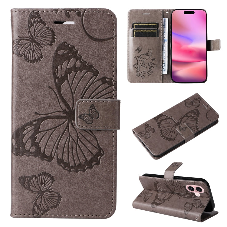 For iPhone 16 3D Butterfly Embossed Pattern Flip Leather Phone Case(Grey) - iPhone 16 Cases by buy2fix | Online Shopping UK | buy2fix