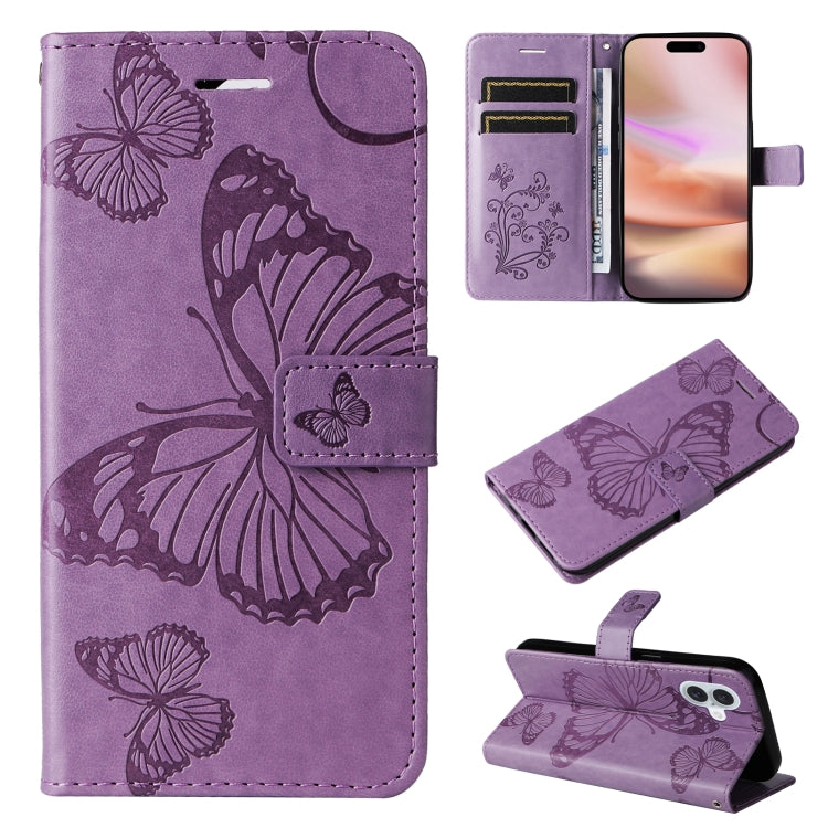 For iPhone 16 Plus 3D Butterfly Embossed Pattern Flip Leather Phone Case(Purple) - iPhone 16 Plus Cases by buy2fix | Online Shopping UK | buy2fix