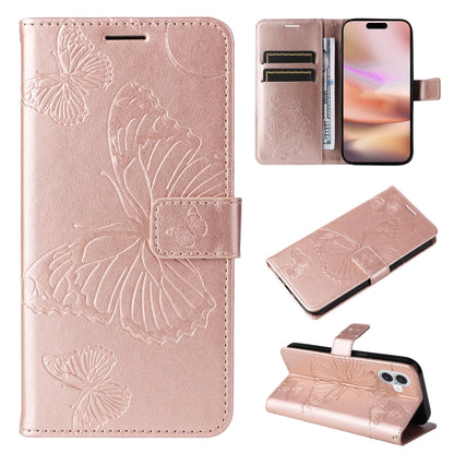 For iPhone 16 Plus 3D Butterfly Embossed Pattern Flip Leather Phone Case(Rose Gold) - iPhone 16 Plus Cases by buy2fix | Online Shopping UK | buy2fix