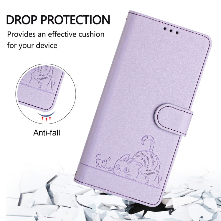 For Google Pixel 9 / 9 Pro Cat Rat Embossed Pattern RFID Leather Phone Case with Lanyard(Purple) - Google Cases by buy2fix | Online Shopping UK | buy2fix