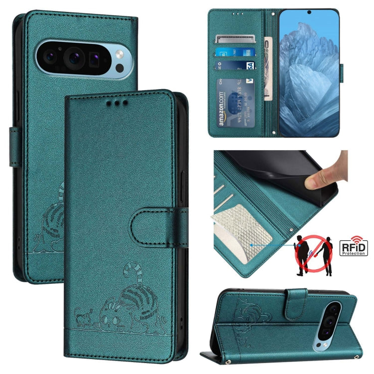 For Google Pixel 9 Pro XL Cat Rat Embossed Pattern RFID Leather Phone Case with Lanyard(Peacock Green) - Google Cases by buy2fix | Online Shopping UK | buy2fix