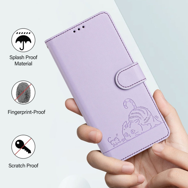 For Google Pixel 9 Pro XL Cat Rat Embossed Pattern RFID Leather Phone Case with Lanyard(Purple) - Google Cases by buy2fix | Online Shopping UK | buy2fix