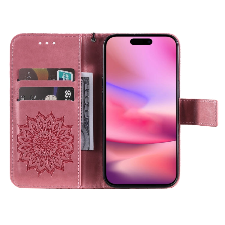 For iPhone 16 Embossed Sunflower Pattern Flip Leather Phone Case(Pink) - iPhone 16 Cases by buy2fix | Online Shopping UK | buy2fix