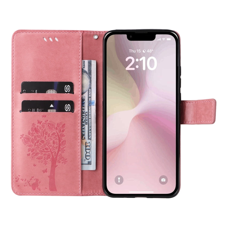 For iPhone SE 2024 Tree & Cat Embossed Pattern Flip Leather Phone Case(Pink) - More iPhone Cases by buy2fix | Online Shopping UK | buy2fix