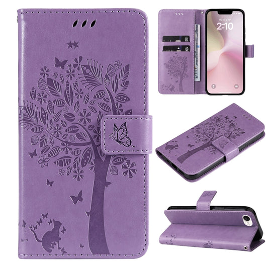 For iPhone SE 2024 Tree & Cat Embossed Pattern Flip Leather Phone Case(Light Purple) - More iPhone Cases by buy2fix | Online Shopping UK | buy2fix