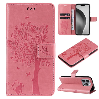 For iPhone 16 Pro Max Tree & Cat Embossed Pattern Flip Leather Phone Case(Pink) - iPhone 16 Pro Max Cases by buy2fix | Online Shopping UK | buy2fix