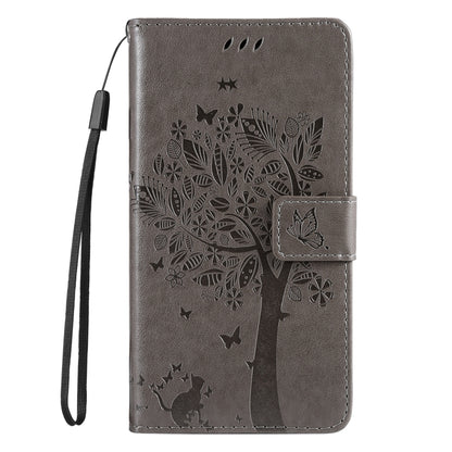 For iPhone 16 Plus Tree & Cat Embossed Pattern Flip Leather Phone Case(Grey) - iPhone 16 Plus Cases by buy2fix | Online Shopping UK | buy2fix