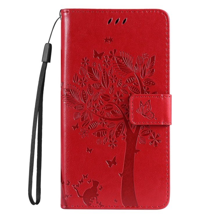 For iPhone 16 Plus Tree & Cat Embossed Pattern Flip Leather Phone Case(Red) - iPhone 16 Plus Cases by buy2fix | Online Shopping UK | buy2fix