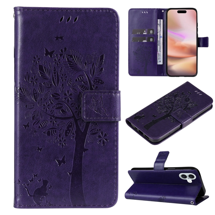 For iPhone 16 Plus Tree & Cat Embossed Pattern Flip Leather Phone Case(Purple) - iPhone 16 Plus Cases by buy2fix | Online Shopping UK | buy2fix