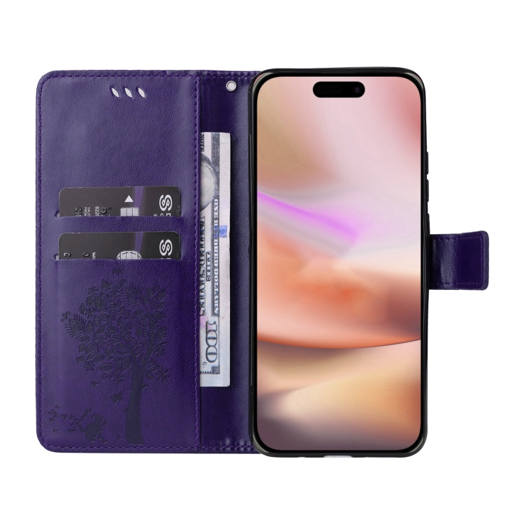 For iPhone 16 Plus Tree & Cat Embossed Pattern Flip Leather Phone Case(Purple) - iPhone 16 Plus Cases by buy2fix | Online Shopping UK | buy2fix