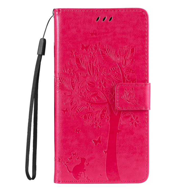 For iPhone 16 Tree & Cat Embossed Pattern Flip Leather Phone Case(Rose Red) - iPhone 16 Cases by buy2fix | Online Shopping UK | buy2fix