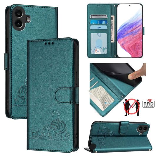 For Nothing CMF Phone 1 Cat Rat Embossed Pattern RFID Leather Phone Case with Lanyard(Peacock Green) - More Brand by buy2fix | Online Shopping UK | buy2fix