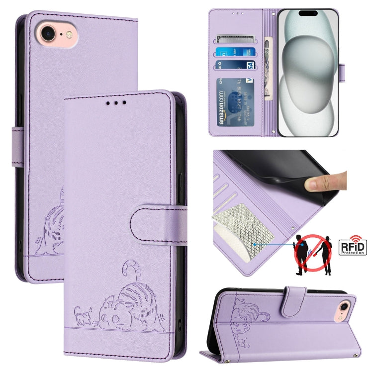 For iPhone SE 2024 Cat Rat Embossed Pattern RFID Leather Phone Case with Lanyard(Purple) - More iPhone Cases by buy2fix | Online Shopping UK | buy2fix