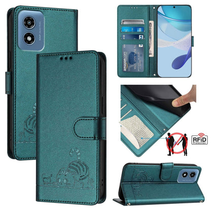 For Motorola Moto G Play 5G 2024 Global Cat Rat Embossed Pattern RFID Leather Phone Case with Lanyard(Peacock Green) - Motorola Cases by buy2fix | Online Shopping UK | buy2fix