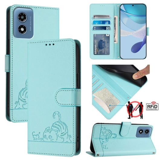 For Motorola Moto G 5G 2024 Global Cat Rat Embossed Pattern RFID Leather Phone Case with Lanyard(Mint Green) - Motorola Cases by buy2fix | Online Shopping UK | buy2fix