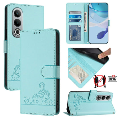 For OnePlus Nord CE4 5G Cat Rat Embossed Pattern RFID Leather Phone Case with Lanyard(Mint Green) - OnePlus Cases by buy2fix | Online Shopping UK | buy2fix