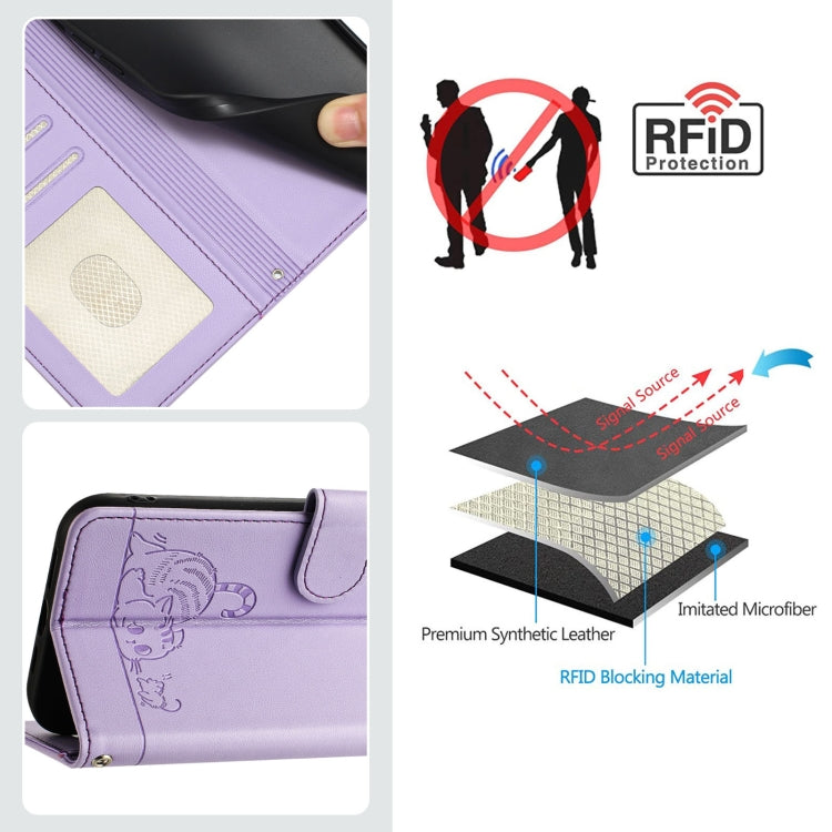 For OnePlus Nord CE4 5G Cat Rat Embossed Pattern RFID Leather Phone Case with Lanyard(Purple) - OnePlus Cases by buy2fix | Online Shopping UK | buy2fix