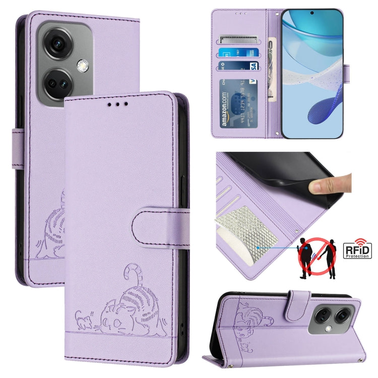 For OnePlus Nord CE3 5G India Cat Rat Embossed Pattern RFID Leather Phone Case with Lanyard(Purple) - OnePlus Cases by buy2fix | Online Shopping UK | buy2fix