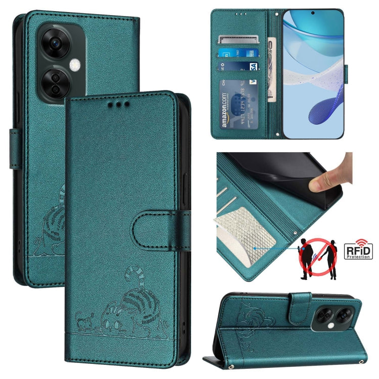 For OnePlus Nord N30 Cat Rat Embossed Pattern RFID Leather Phone Case with Lanyard(Peacock Green) - OnePlus Cases by buy2fix | Online Shopping UK | buy2fix