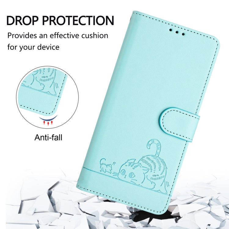 For OnePlus Nord CE 5G Cat Rat Embossed Pattern RFID Leather Phone Case with Lanyard(Mint Green) - OnePlus Cases by buy2fix | Online Shopping UK | buy2fix