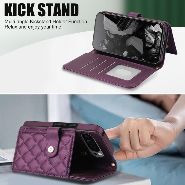 For Google Pixel 9 Crossbody Multifunction Rhombic Leather Phone Case(Dark Purple) - Google Cases by buy2fix | Online Shopping UK | buy2fix