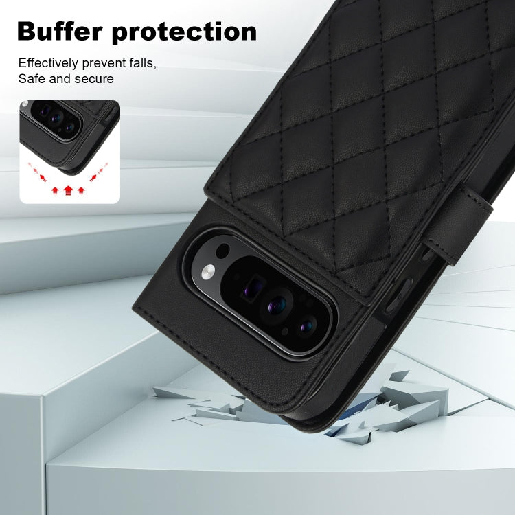 For Google Pixel 9 Pro XL Crossbody Multifunction Rhombic Leather Phone Case(Black) - Google Cases by buy2fix | Online Shopping UK | buy2fix