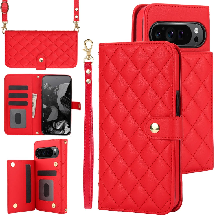 For Google Pixel 9 Pro XL Crossbody Multifunction Rhombic Leather Phone Case(Red) - Google Cases by buy2fix | Online Shopping UK | buy2fix