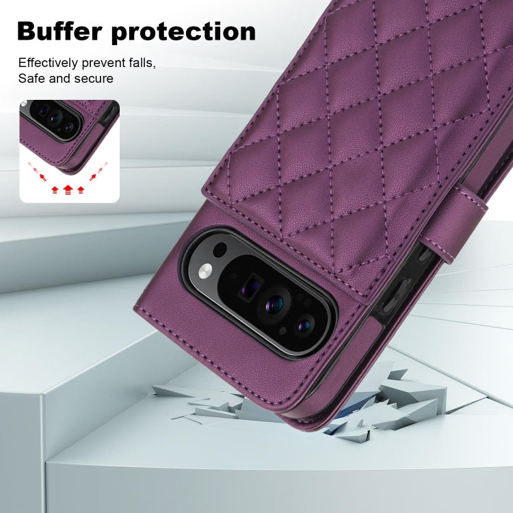 For Google Pixel 9 Pro XL Crossbody Multifunction Rhombic Leather Phone Case(Dark Purple) - Google Cases by buy2fix | Online Shopping UK | buy2fix